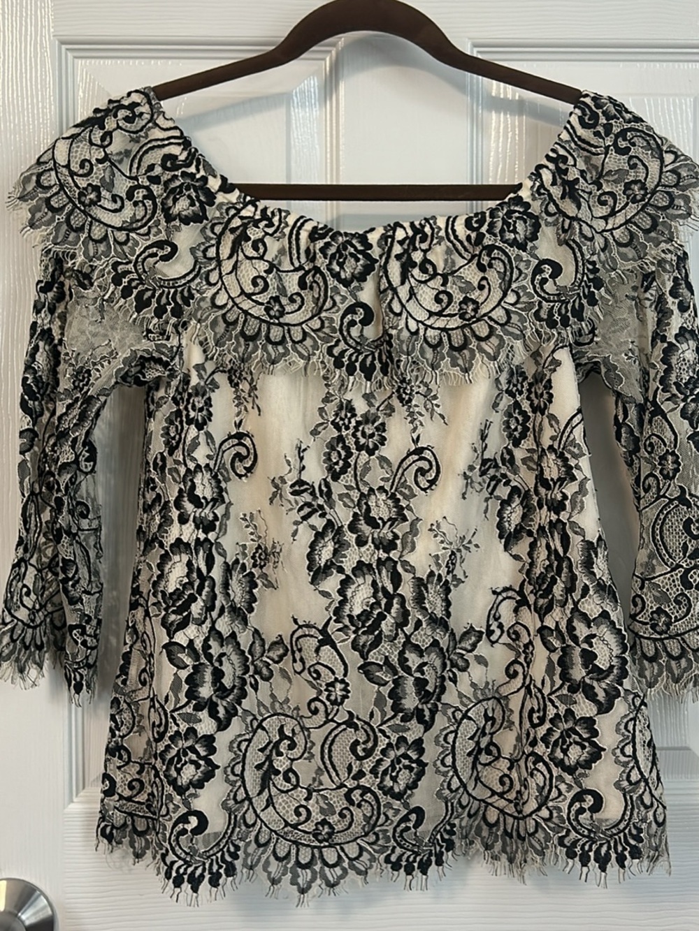 White House Black Market Black and Cream Off-Shoulder Lace Blouse